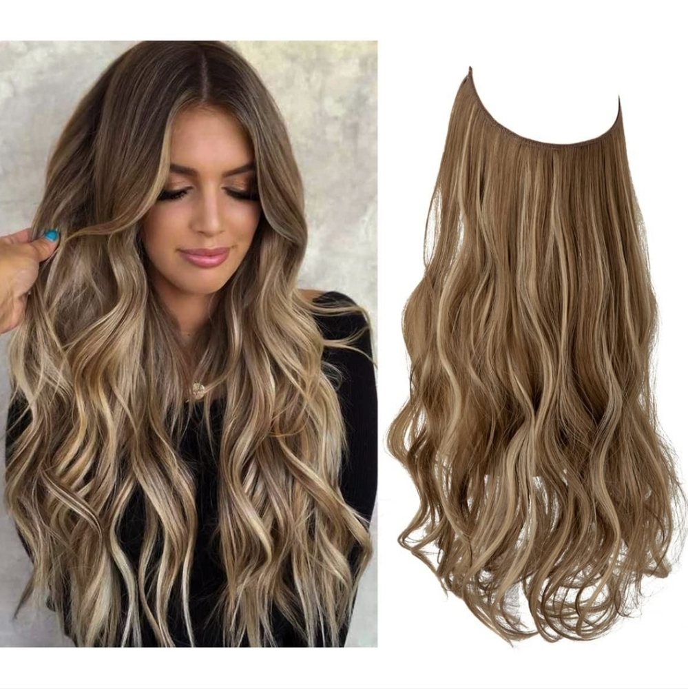 Brown Blonde 20" long synthetic straight hair extensions halo wire fish …